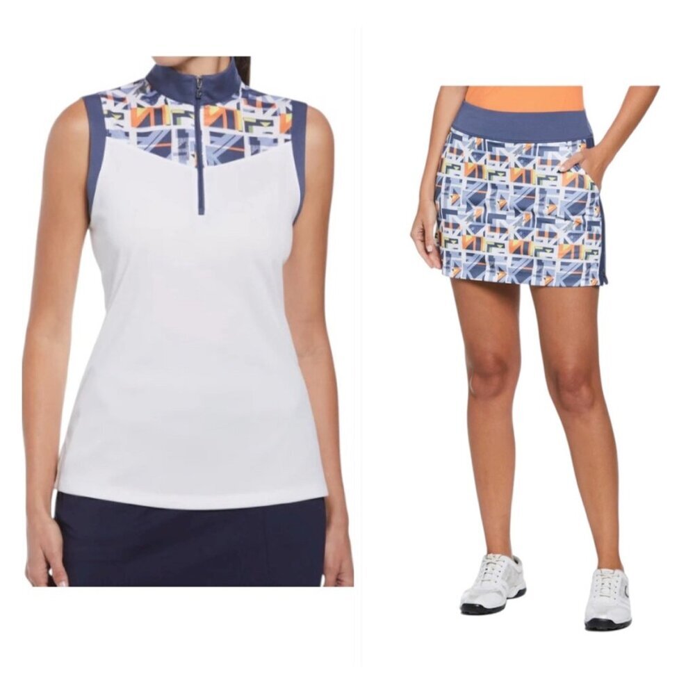 Callaway White & Blue Geometric Print Golf Tennis Polo Skort Set Women’s Size XL